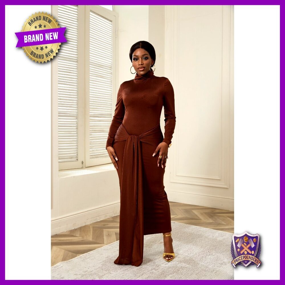 Long Sleeve Formal Maxi Dress Bodycon Ruched Tie Front Wedding Guest - Picture 6 of 7